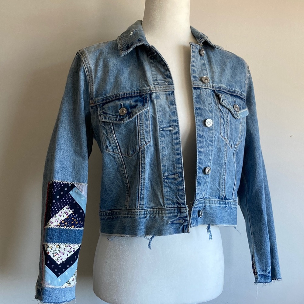 Abercrombie & Fitch Blue Jean Jacket with Patchwork Sleeve